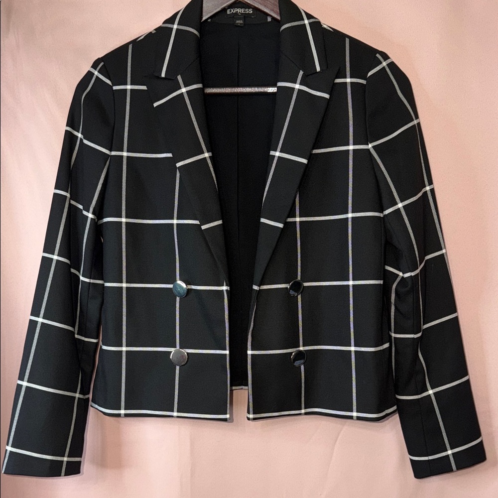 Express Black Windowpane Cropped Blazer with White Grid